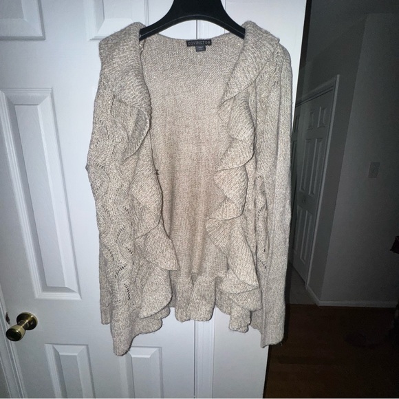 Covington Sweaters - Covington Open Front Ruffle Cardigan Sweater Oatmeal Tan Beige Knit XL Preowned